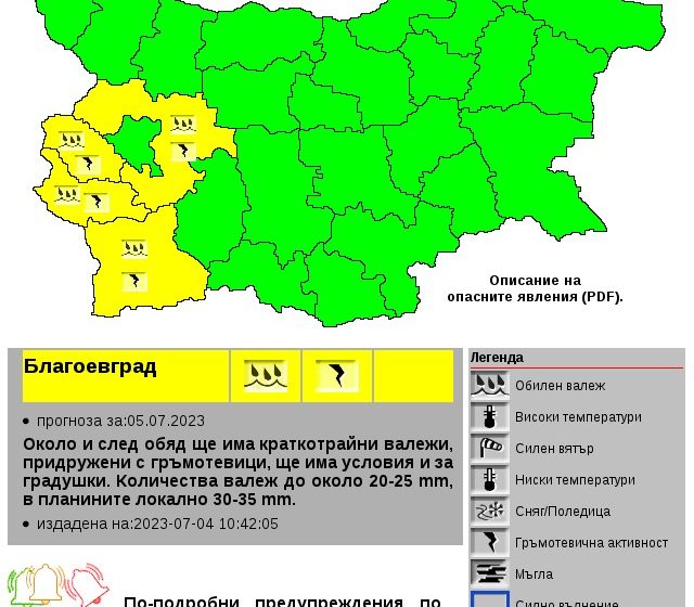  Жълт код за локални интензивни валежи, за гръмотевични бури и градушки за четири области в Югозападна България издаде НИМХ