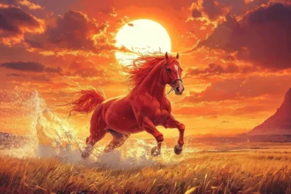 Символ на годината на Огнения кон с астрологични елементи и звездно небе