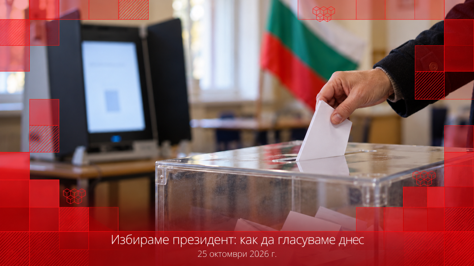 Илюстрация на гласуване с бюлетина, машина на заден план и червено геометрично наслагване.